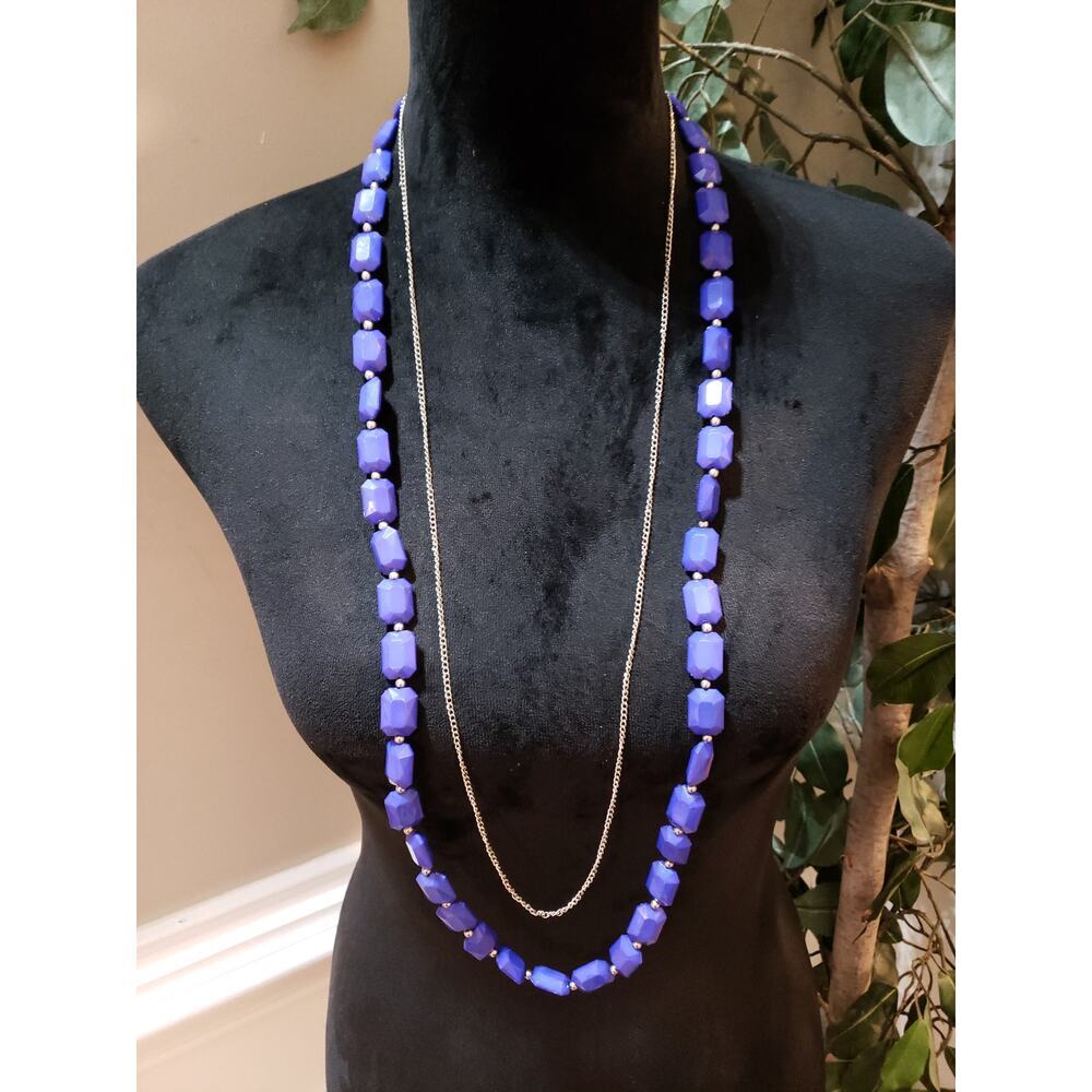 Women Fashion 2 Strand Blue Plastic Faceted Beads Link Chain Necklace w/ Lobster